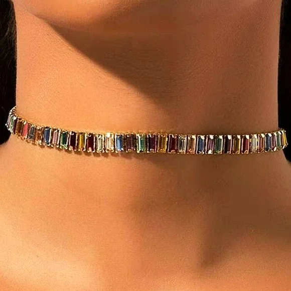 Gold Baguette Multicolor Diamond Rhinestone Choker - Picture 2 of 8
